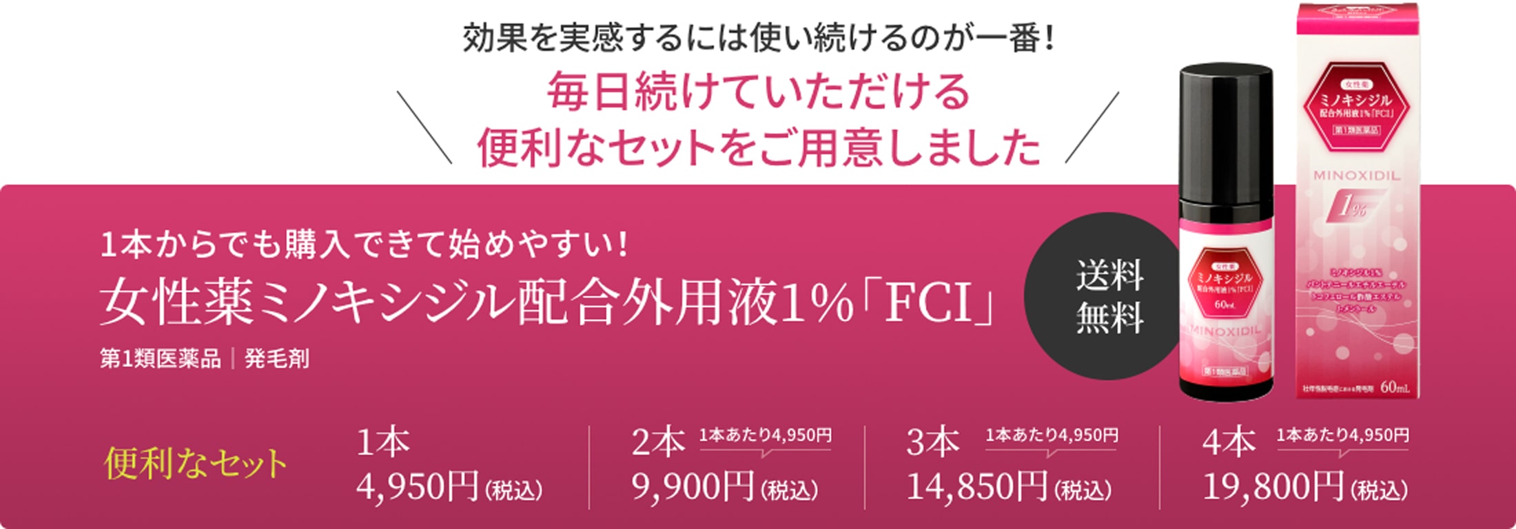 効果を実感するには使い続けるのが一番！毎日続けていただける便利なセットをご用意しました　女性薬ミノキシジル配合外用液1％「FCI」