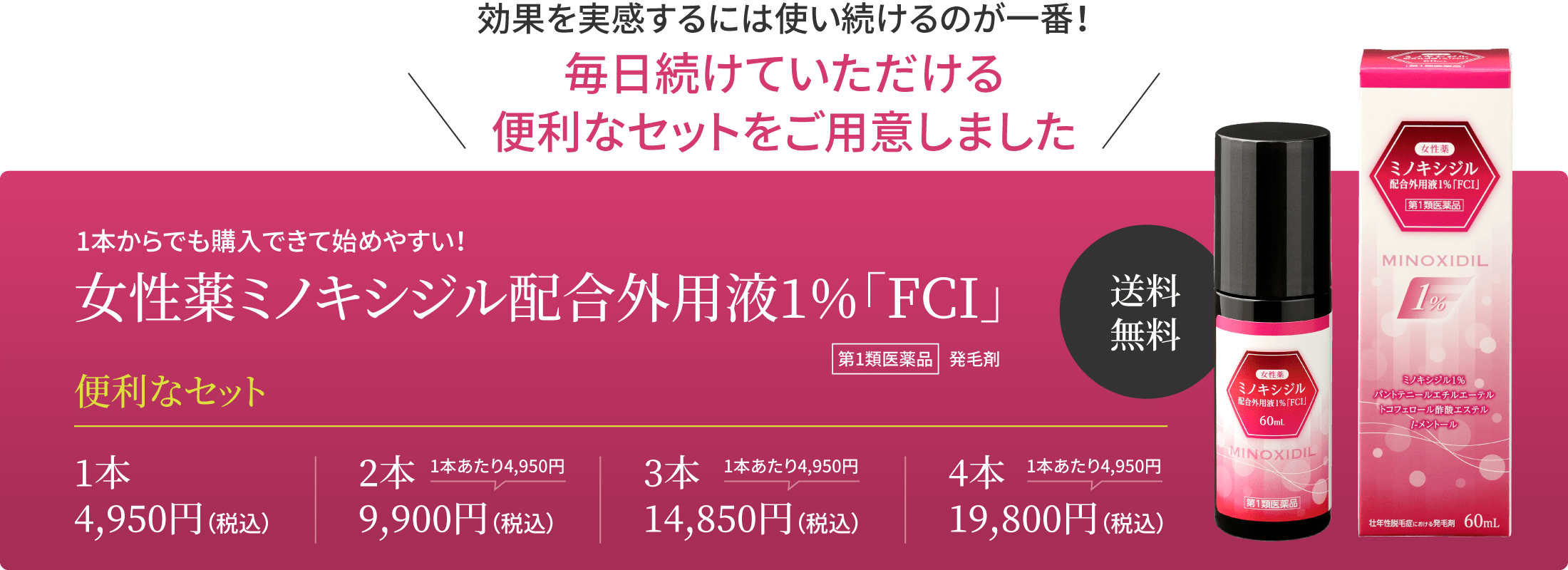 効果を実感するには使い続けるのが一番！毎日続けていただける便利なセットをご用意しました 女性薬ミノキシジル配合外用液1％「FCI」