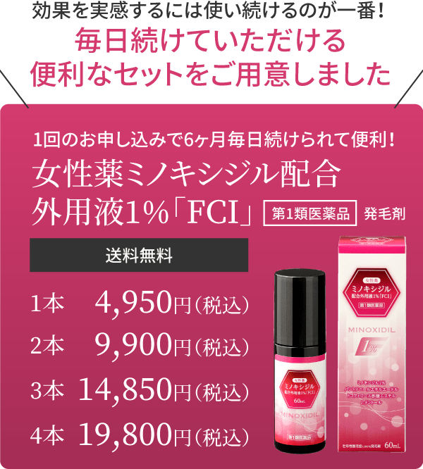 毎日続けていただける便利なセットをご用意しました 女性薬ミノキシジル配合外用液1％「FCI」